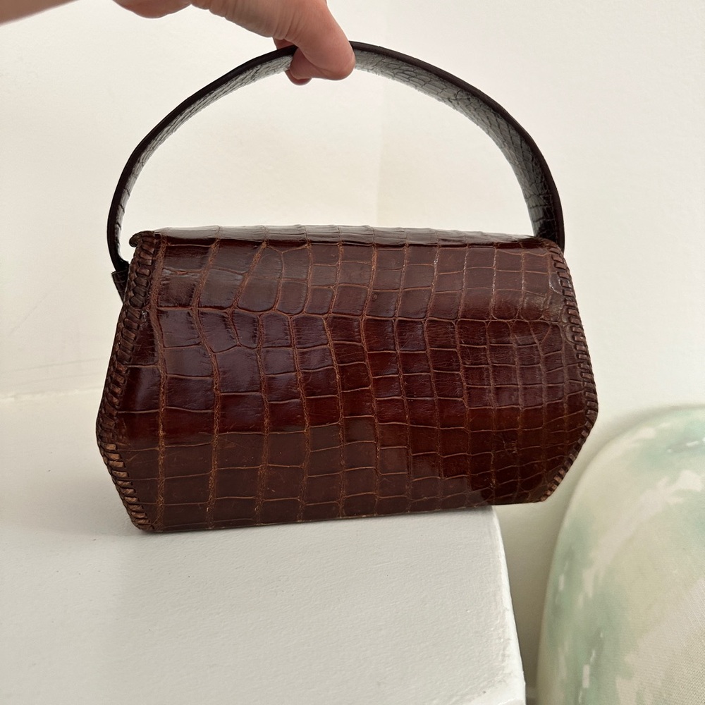 Vintage 🤎 Croc-Embossed Brown Leather Top-Handle Bag - Picture 4 of 10